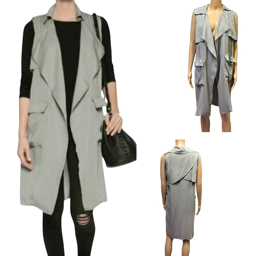 Walter Baker Lyocell Long Open Front Utility Vest Jacket with Pockets Womens M